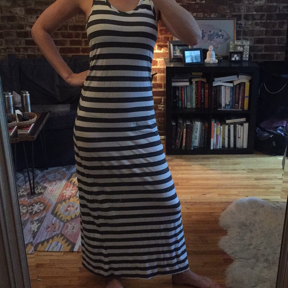 Grey & white striped racer back maxi dress
